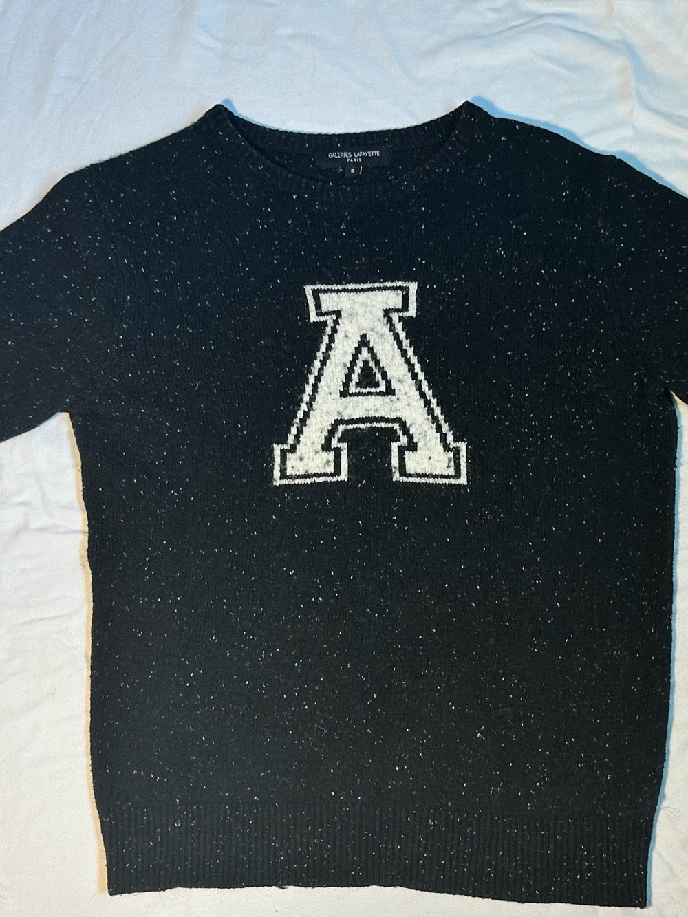 Galeries Lafayette Paris Black Speckled Wool Blend Varsity Letter A Crewneck Sm